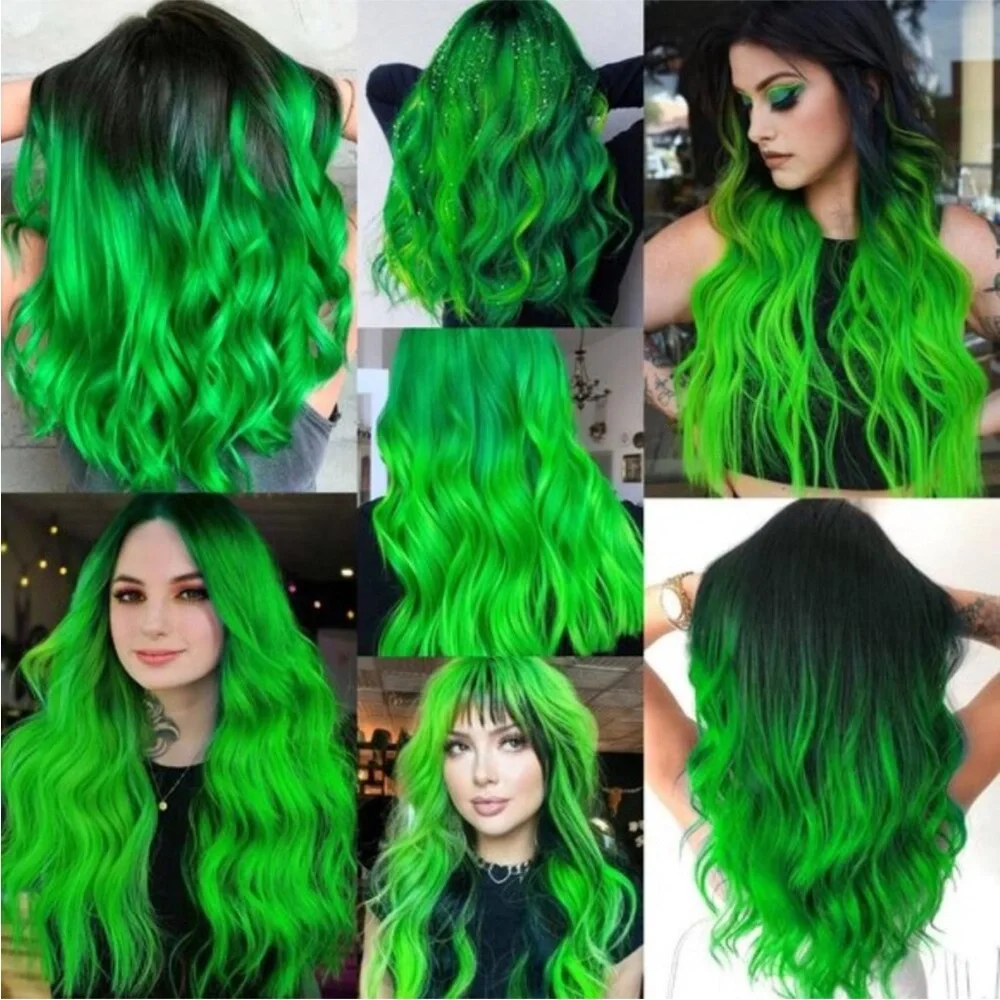 16PCS Curly Wavy Neon Green Streaks  Hairpiece Clip-in Hair Extensions